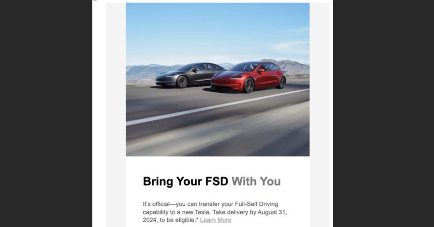 Tesla starts pushing its third ‘one-time’ FSD transfer to boost Q3 demand